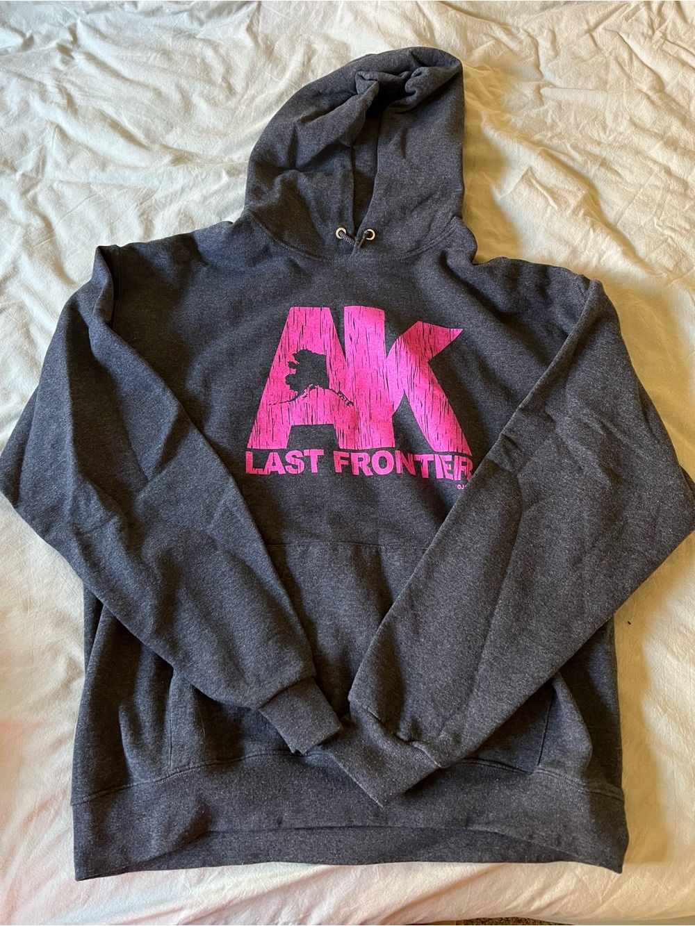 Jerzees Dark Gray Hoodie with Pink AK Last Frontier Graphic